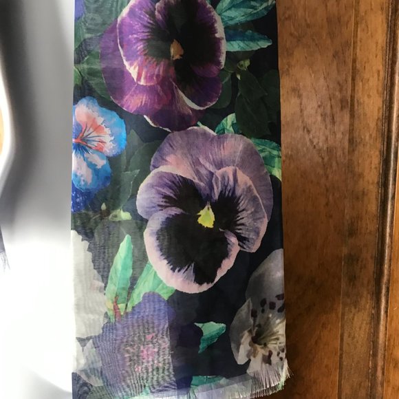 Isaac Mizrahi Live! #2 Navy Blue with Pansies & Other Flowers Scarf 74" x 28" - Picture 7 of 12